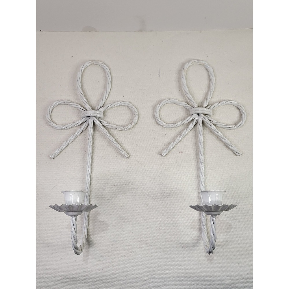 Vintage White Metal Bow Wall Sconces Pair Twisted Rope Taper Candle Holders 12in